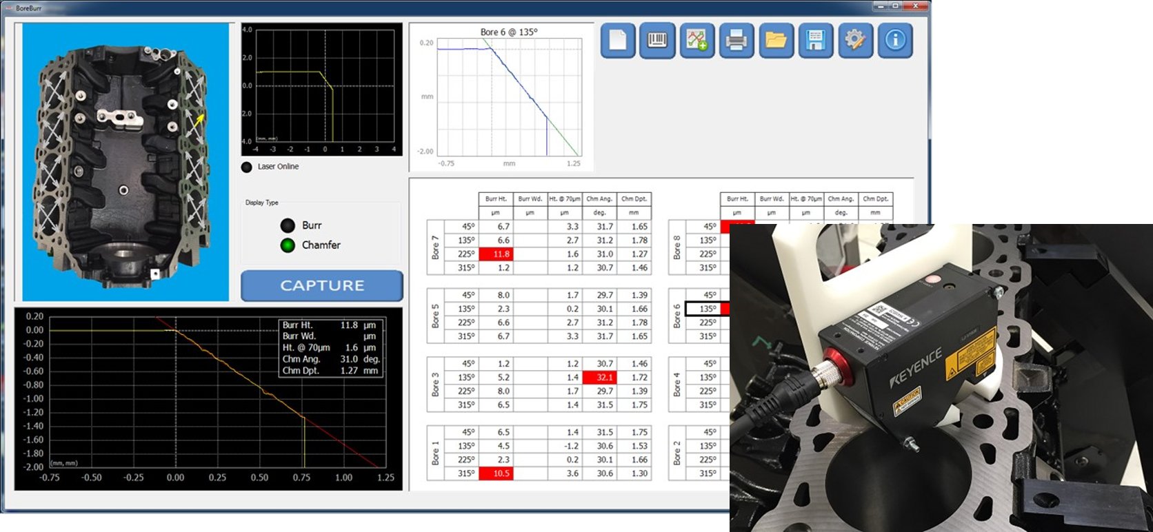 Laser-based burr measurement for cylinder bores.