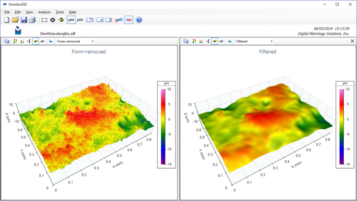 The application of the short filter. Note the loss of fine details in the Primary surface—at this wavelength scale, the filter has removed noise from the data to reveal the roughness.