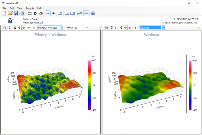 surface texture - OmniSurf3D’s dual visualization of the primary surface and waviness surface. The presence of the finer “pockets” in the waviness may indicate a cutoff value that is too short.