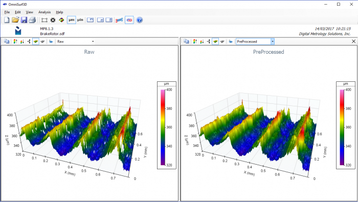 Bi-linear filling of missing data. OmniSurf3D’s dual visualization shows the pre-processed data on the left and the processed data on the right, clearly showing the effect of the operation. Image Courtesy Michigan Metrology.