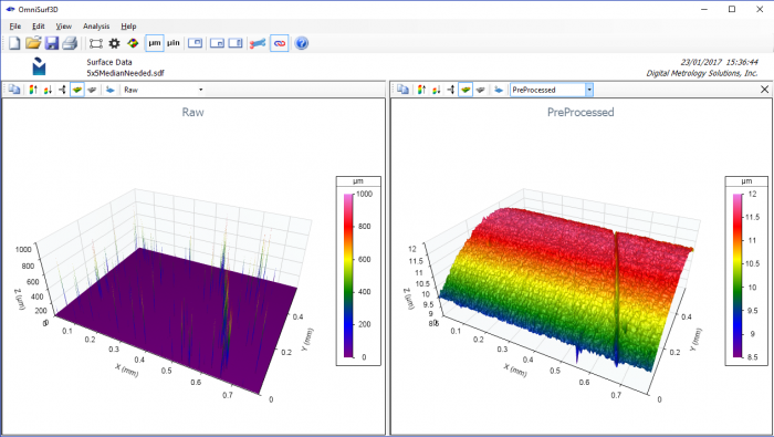 Median filtering to remove outlying points. OmniSurf3D’s dual visualization shows how the outlying data suppresses the actual shape of the surface. Once these outliers are removed, the overall cylinder becomes apparent.