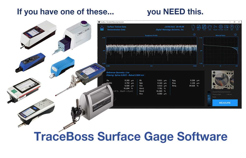 Roughness gage software TraceBoss surface texture software analyzes data from handheld surface texture gages and presents it on a large screen for easy viewing, analysis, exploration, and saving.