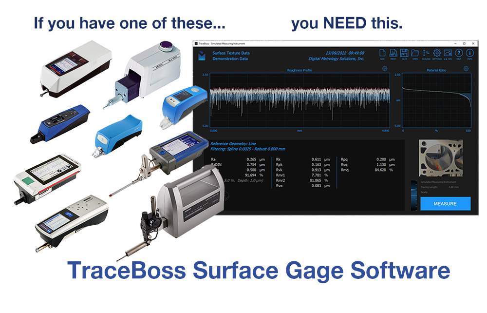 Roughness gage software, TraceBoss surface texture software, analyze surface roughness data, handheld roughness gages, easy viewing, analysis, exploration, and saving