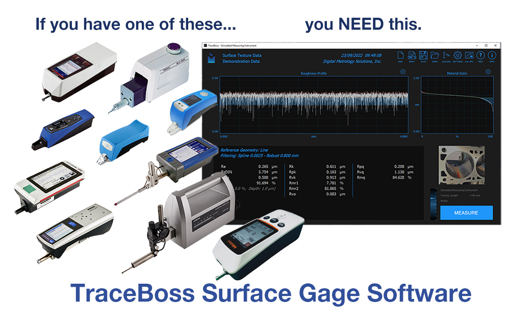 Roughness gage software, TraceBoss surface texture software, analyze surface roughness data, handheld roughness gages, easy viewing, analysis, exploration, and saving