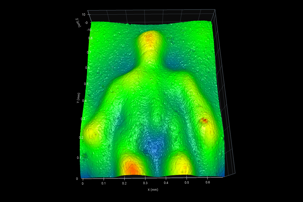 White light interferometer (3D optical profiler) image of surface texture of a penny zoomed - Digital Metrology -