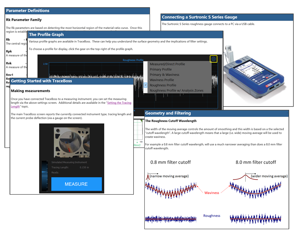 Surface roughness gage software, Traceboss for portable surface texture gauge, Zeiss HandySurf+, Jenoptik W10, MarSurf M 310, Surtronic S128, comprehensive help system