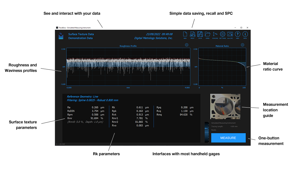 Surface roughness gage software, Traceboss for portable surface texture gauge, Zeiss HandySurf+, Jenoptik W10, MarSurf M 310, Surtronic S128