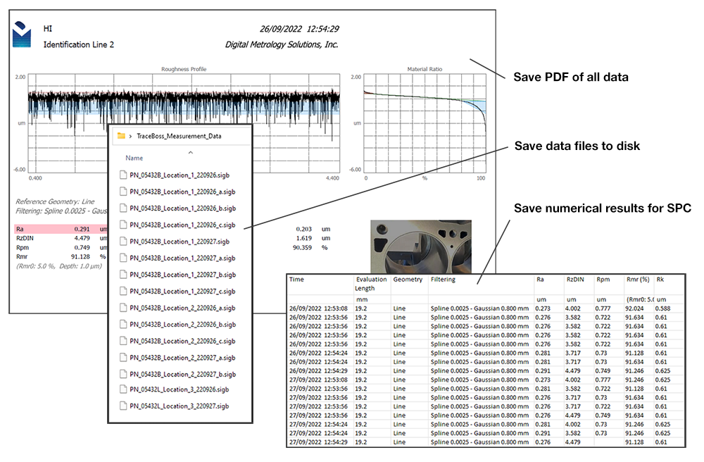 Surface texture analysis software. TraceBoss takes data from handheld surface texture gages and presents it on a large screen for easy viewing, analysis, exploration, and saving. 

Data saving options