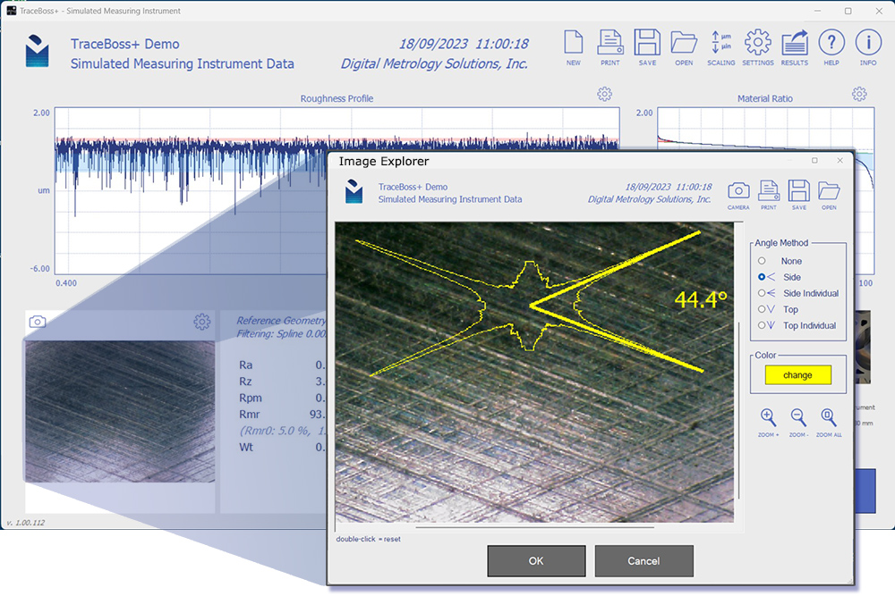 roughness gauge software, roughness gage software, TraceBoss+ surface roughness software -Image Explorer lets you import an image of a surface, calculate crosshatch angle, explore the surface quality, and save the image and numerical results in a single file.